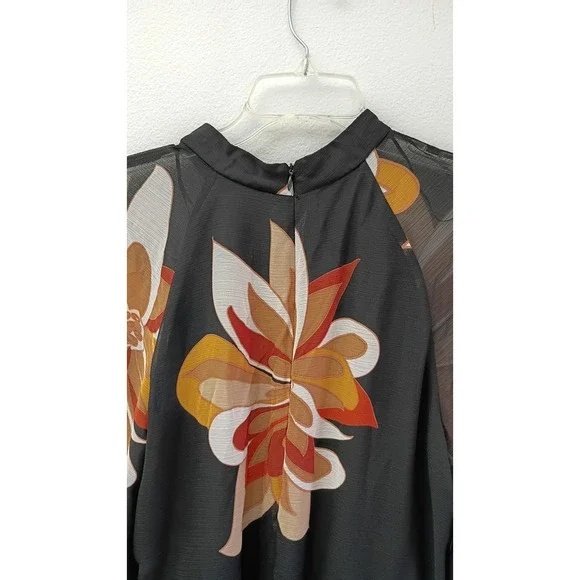 Maison Tara Black Floral Chiffon Tiered Maxi Dress Mock Neck Long Sleeve 16 Boho - Picture 5 of 9